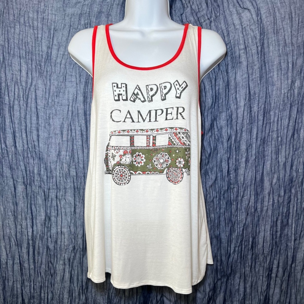 Pink Peony Happy Camper Granola Campcore Collegiate Tank White Red Ladder Back L